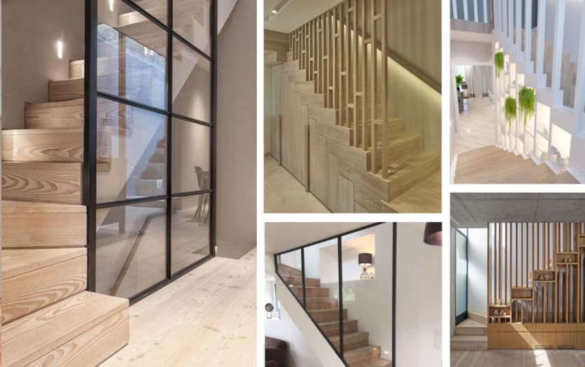 Trendy architectural staircases in renovated basements with integrated wine cellar and storage bookcase