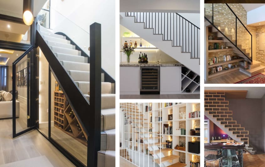 Escaliers architecturaux tendances dans sous-sols rénovés avec cave à vin et bibliothèque de rangement intégrés