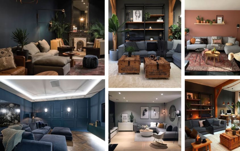 Palette de bleus tendance dans sous-sols rénovés avec ameublement chic