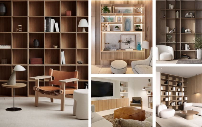sous-sol sombre et confortable avec des étagères en bois foncé
