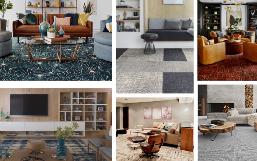 basement square tile rug with modern pattern