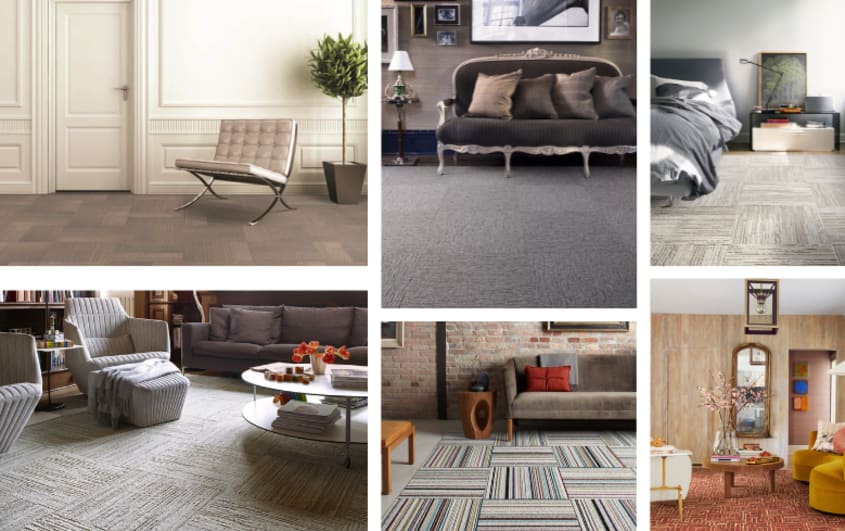 basement square tile rug with lines pattern