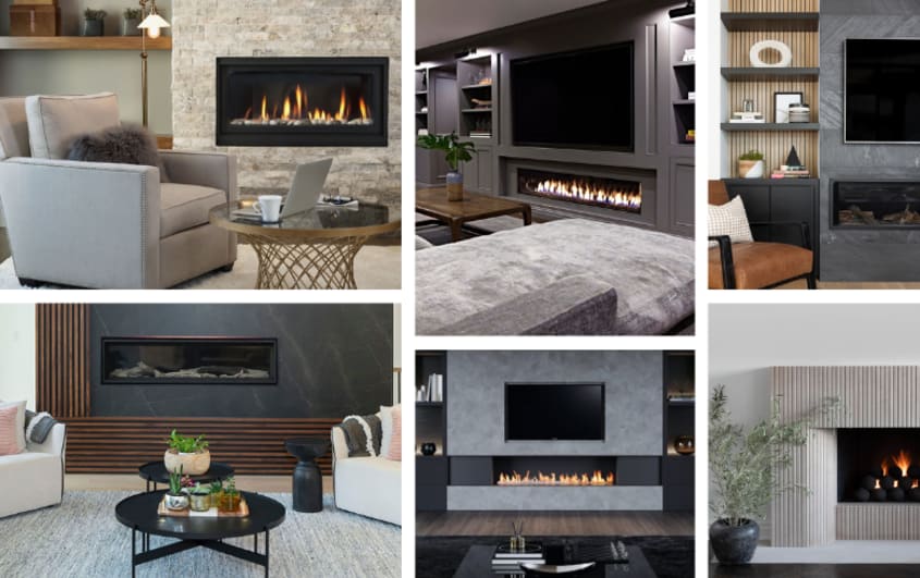 basement in cold tones with decorative electric fireplace