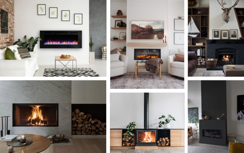 basement with natural style decorative electric fireplace