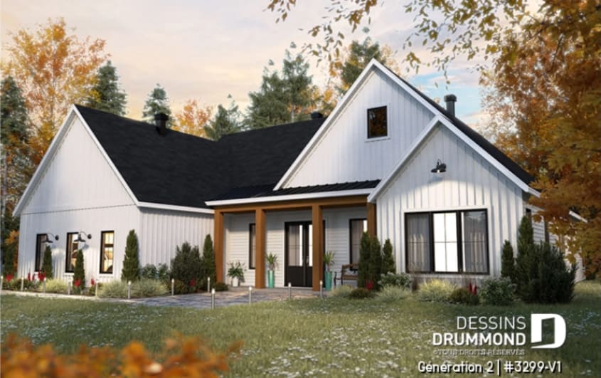 Maison bigénération blanche de style farmhouse avec fenêtres verticales