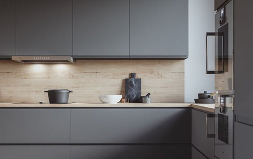 Kitchen with black seamless cabinets and white oak backsplash