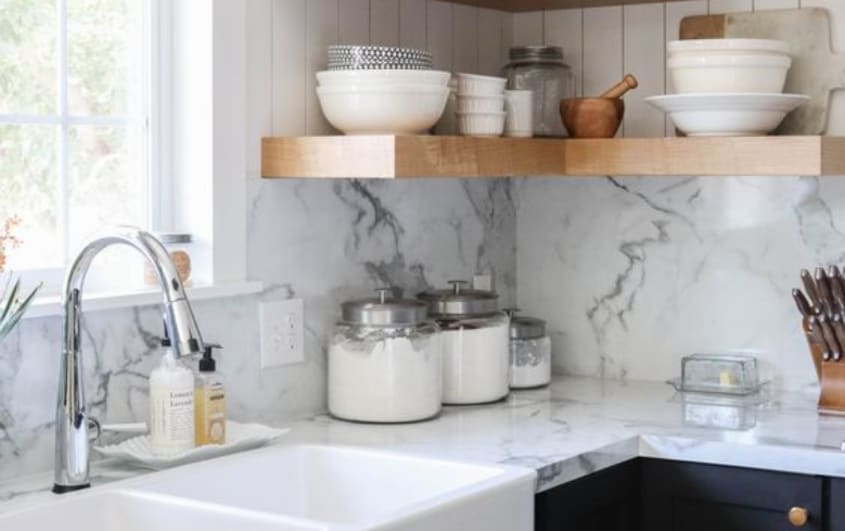 laminate countertop and backsplash that looks like marble