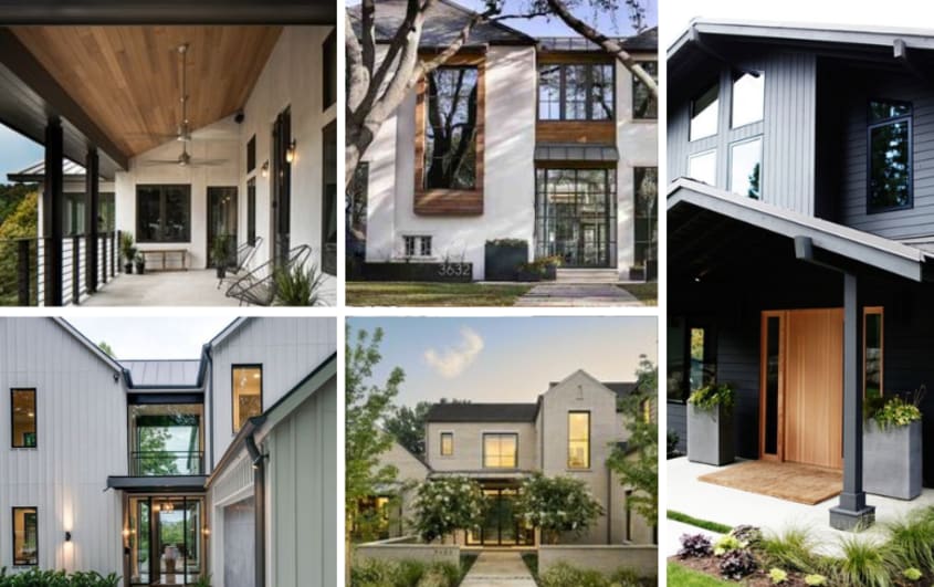 House addition collage featuring modern home exteriors with dark tones and large windows