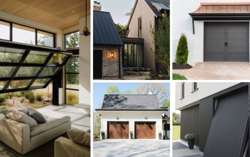 Modern garage doors in wood, aluminum, and glass