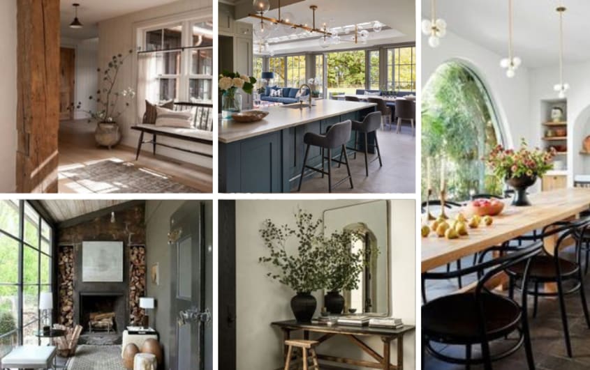 Home décor of potted plants, stylish rugs and modern lighting
