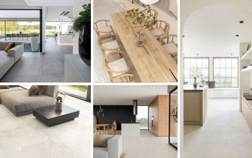 Cuisines et salons avec revêtements de plancher de céramique gris et noir