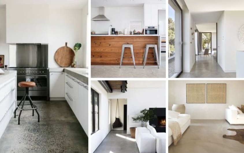 Industrial-style grey concrete flooring in kitchen and living room