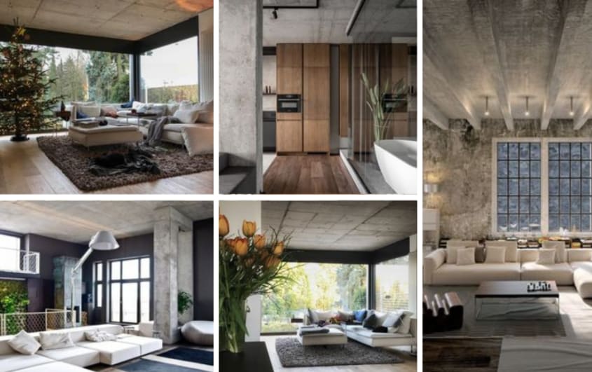 Salons avec plafonds de style industriel en béton