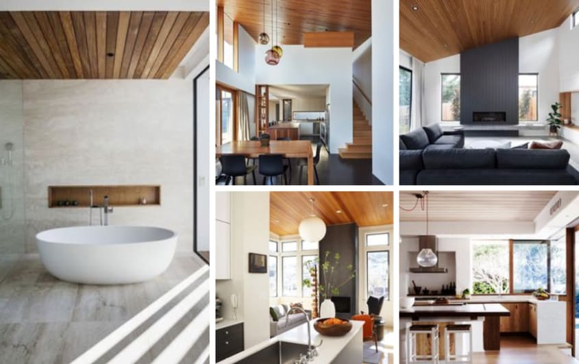 Cuisines, salles de bain et salons avec plafond en bois