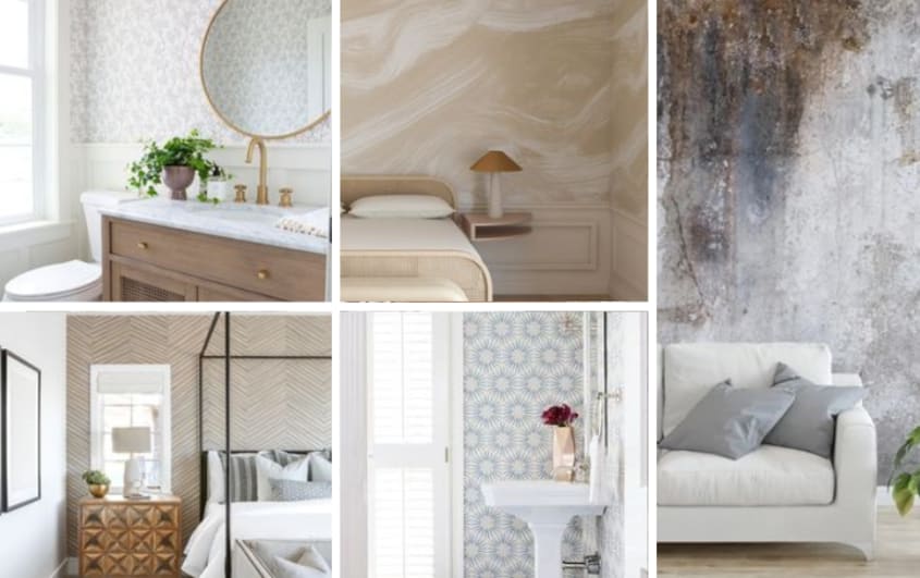 Neutral design wallpapers in bedroom and bathrooms
