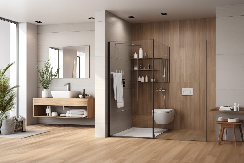 Salle de bain de luxe et spacieuse, avec mur séparant la zone toilette-douche de la zone meuble-lavabo. Plancher et meuble-lavabo en bois, vasque en porcelaine blanche, douche protégée par cloisons en verre, avec étagères et tabouret en bois à la japonais