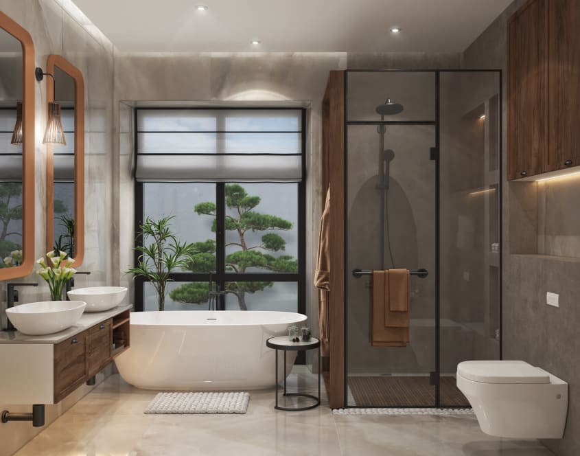 Salle de bain luxueuse d’inspiration orientale, avec fenêtre à croisillons noirs, store en tissu relevé sur une fenêtre donnant sur un bonsaï, douche en coin à vitrage givré, baignoire autoportante, meuble-lavabo à tiroirs en bois, avec deux vasques en po