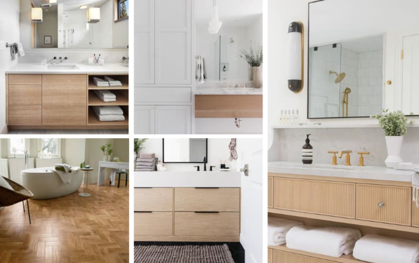 bathrooms with blond wood elements of design and decorations