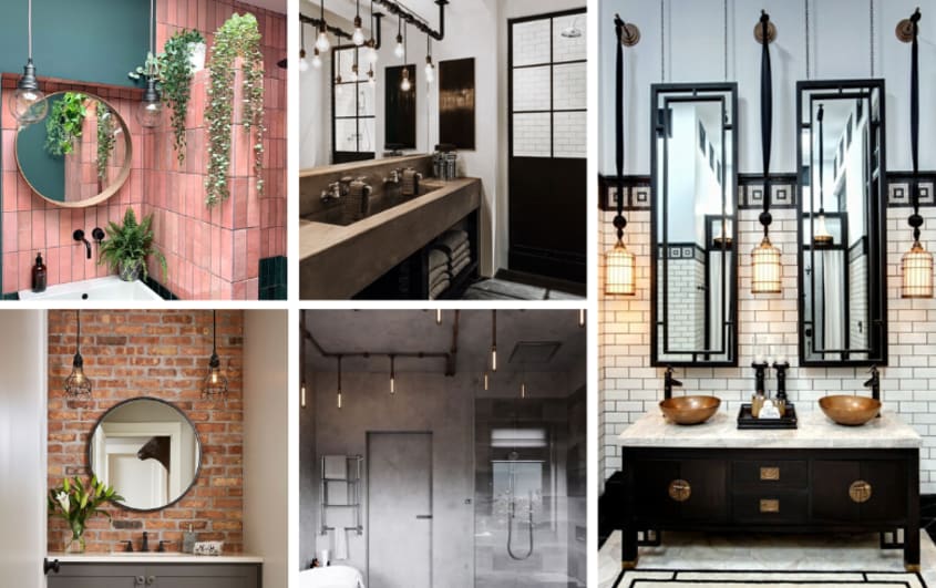 modern bathrooms with industrial lights