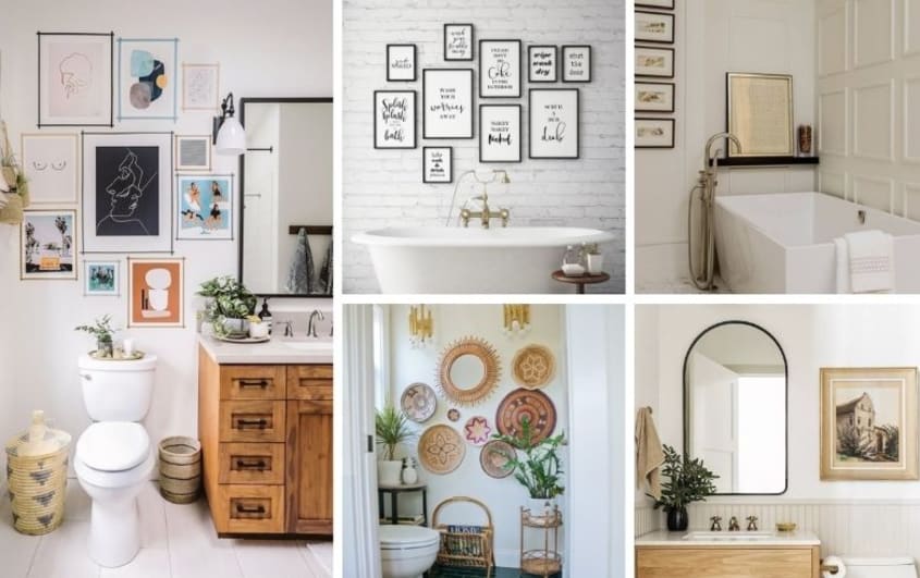 unique gallery wall in bathroom designs