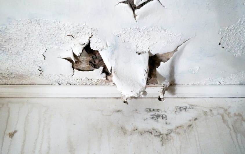 ceiling with peeled paint because of water damage