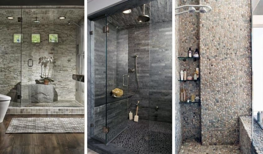 Douche avec pierre naturelle sur les murs