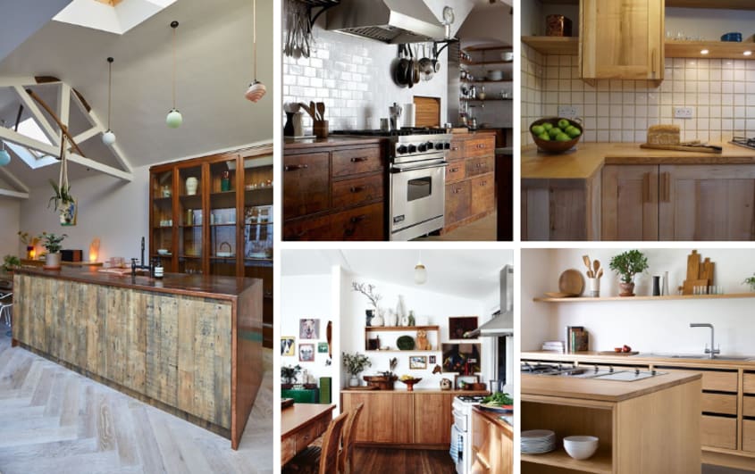 reclaimed light brown wood cabinets