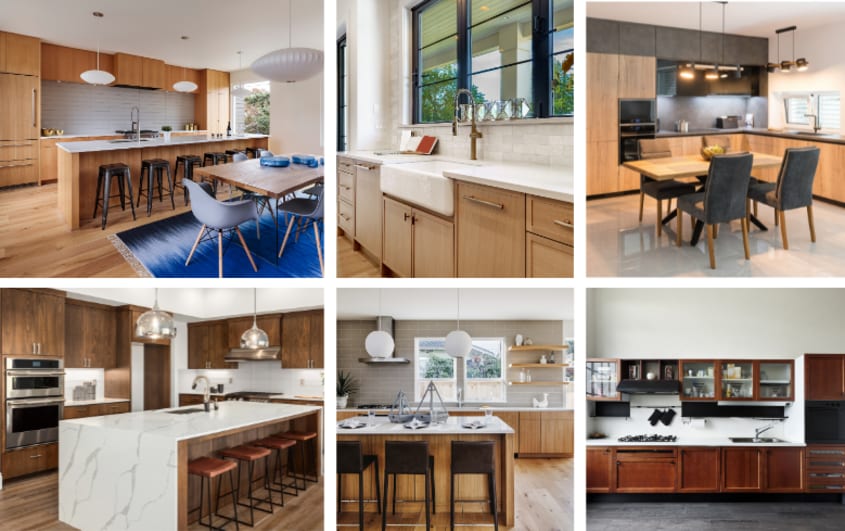 kitchens with reclaimed brown wood cabinets and white countertops