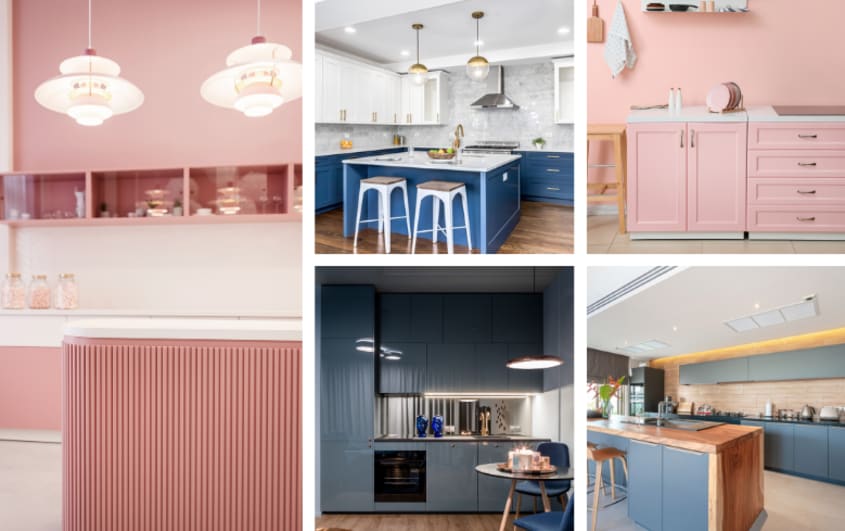 cuisines modernes avec couleurs vives roses et bleues