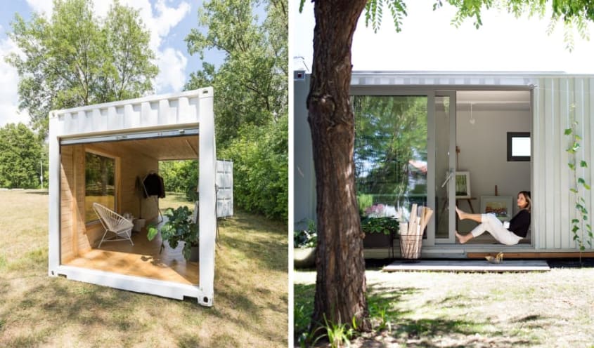 Conteneur d'expédition comme bureau à la maison dans un jardin