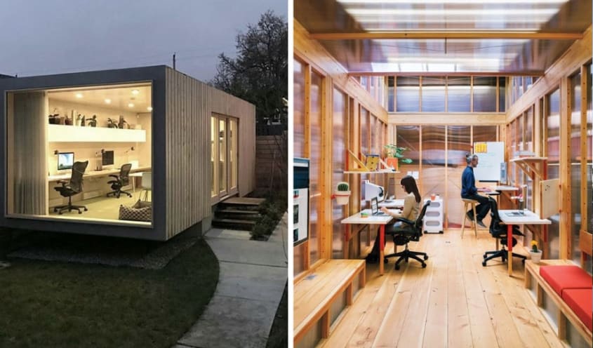 Conteneurs d'expédition aménagés en bureau de jardin