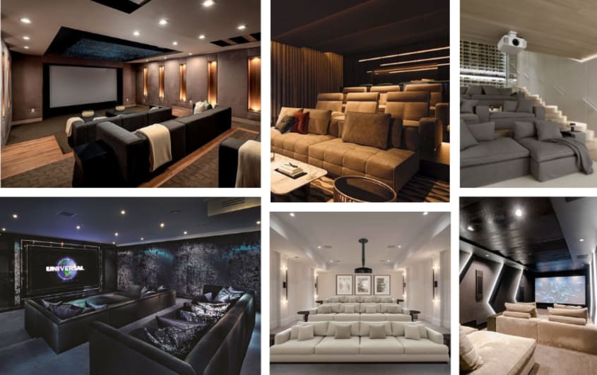 home cinema renovation with long couches