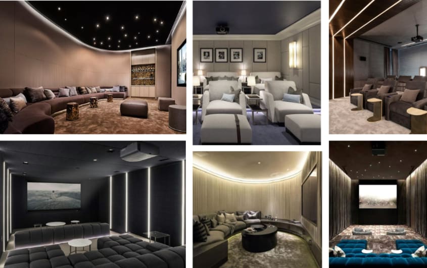 home theater with cozy couches