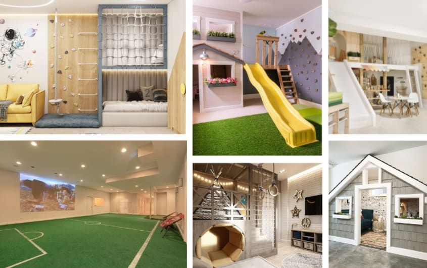 kids playroom with slide and climbing wall