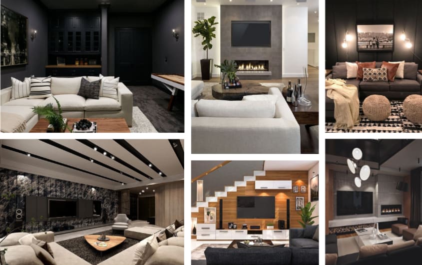 modern basement living room with different lighting designs