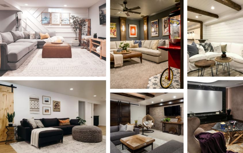 bright living room in basement with large couches