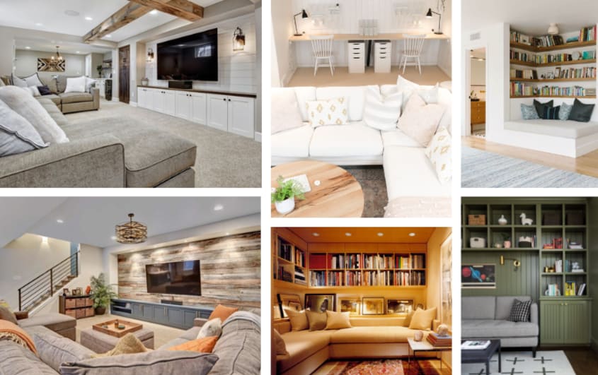 basement living rooms with L shaped couches