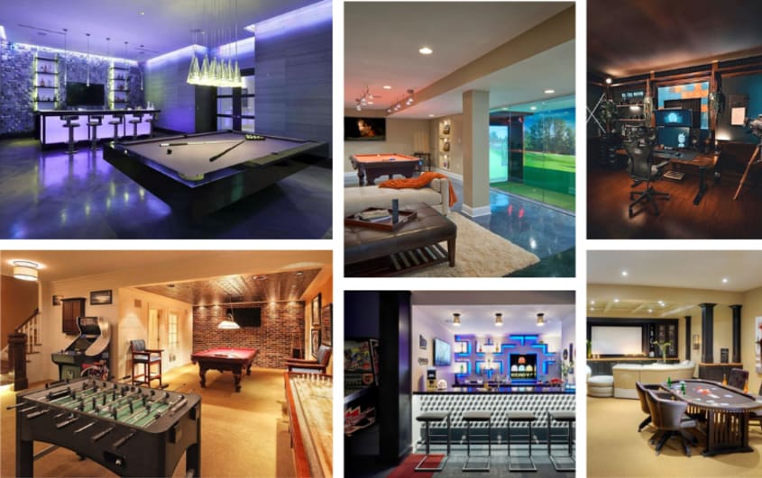 basement adult game room with mini bar and pool table
