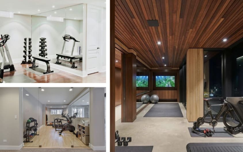 basement gym with large mirror