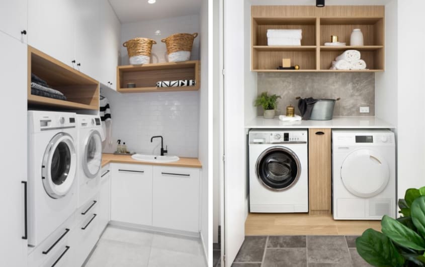 basement laundry room with wood detailing