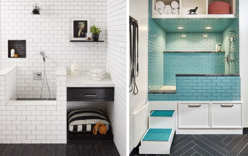 dog washing station with minimalist style white tiles