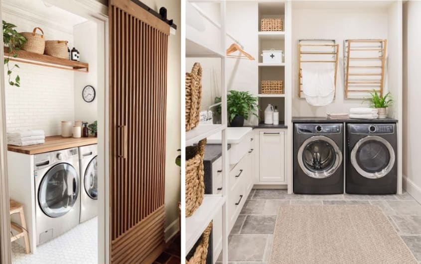 basement laundry room with matching set laundry machines