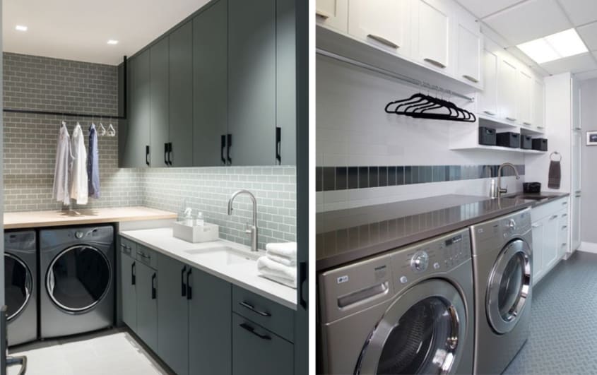grey laundry machines in basement cleaning room