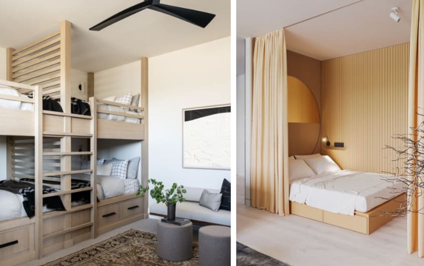 basement bedroom with wood bedframe