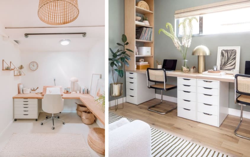 bureau à la maison minimaliste au sous-sol avec bureau en bois