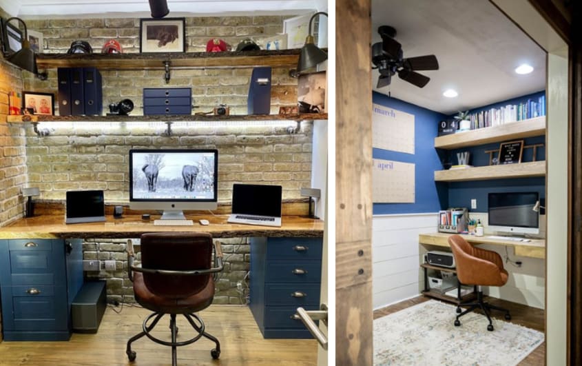 blue home office with dark wood detailing