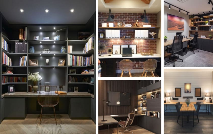 home office with desk facing the wall with different wall patterns