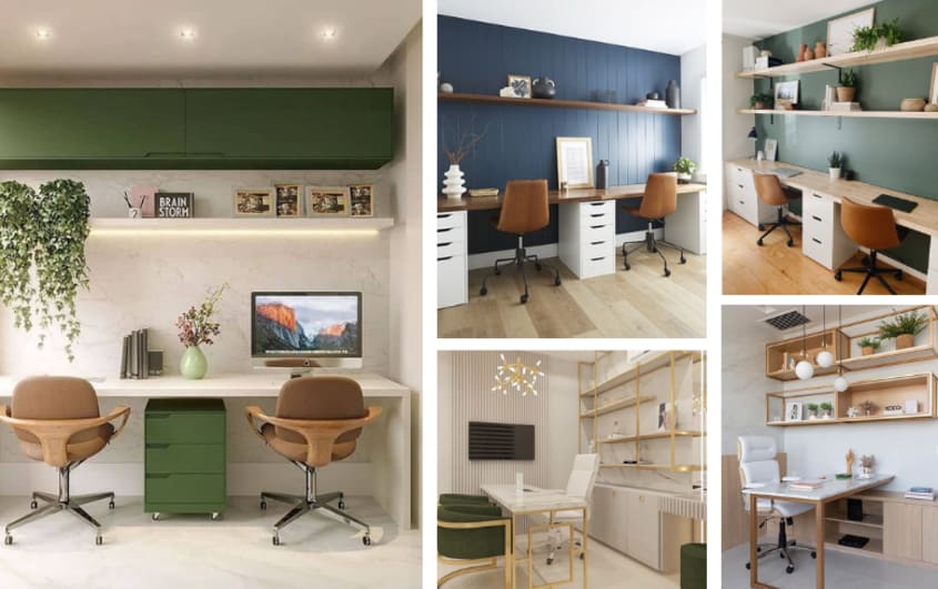 home office with wood shelves of different styles