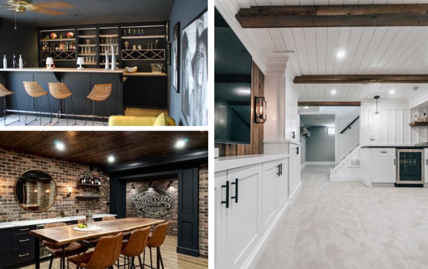 basement bachelor with large table and wood detailing