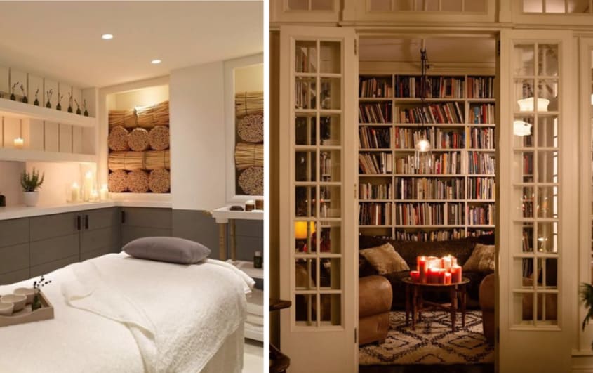 basement relaxation room with massage bed a reading space